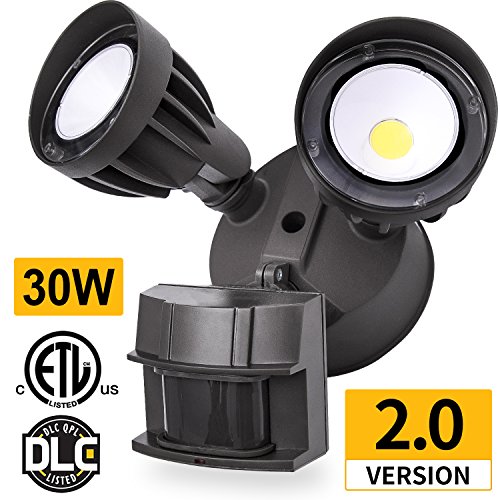 Amico LED Security Light, 30W (200W Equivalent) Dual-Head Motion Sensor Outdoor Lights, 2550lm, 5000K Daylight, Waterproof IP65,ETL & DLC Listed Floodlights, Adjustable Head Lighting – Bronze 1 Pack