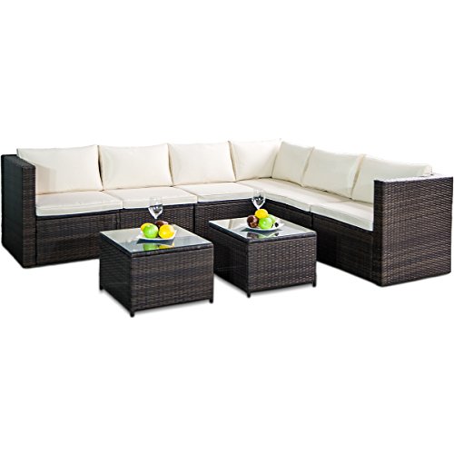 Leisure Zone Rattan Patio Furniture Set Wicker Sofa Cushioned Sectional Furniture Set Garden Patio Sofa Set (8 Pieces, Brown)