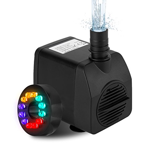 Fannel 220 GPH (800L/H, 15W) Submersible Water Pump for Fish Tank, Aquarium, Fountain, Pond, Small Silent 12 LED Colorful Pump Lights with 2 Nozzles, 6 Feet Power Cord (Black one)