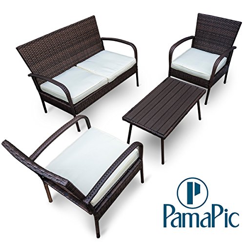 Pamapic Outdoor 4Piece Patio Furniture Sets 【PS Board Table】, Brown Embossing PE Rattan Wicker Sofa and Chairs Set with Coffee Table【Beige Cushion】