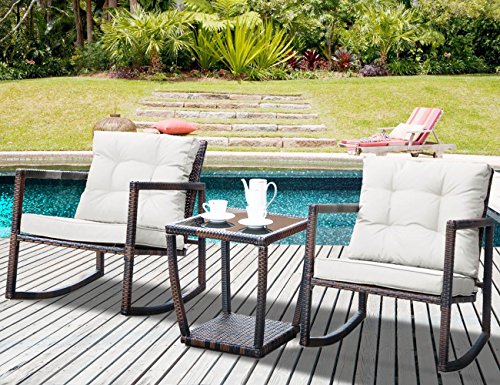 Leisure Zone 3 PCS Wicker Patio Rocking Chair Armchair Outdoor Porch Deck All Weather Gliding Rocker with Coffee Table and Cushions (Beige Cushion)
