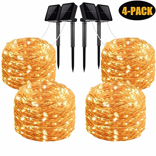 Solar String Lights, 4 Pack 100 LED Solar Fairy Lights 33 Feet 8 Modes Copper Wire Lights Waterproof Outdoor String Lights for Garden Patio Gate Yard Party Wedding Indoor Bedroom Warm White by LiyanQ