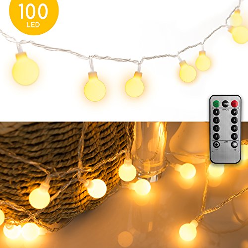 [Remote & Timer] 33Ft Globe String Lights 100LED Fairy Twinkle Lights with Remote 8 Modes Controller & UL Listed Adaptor Plug-for Patio/Party/Garden/Wedding Decor, Warm White