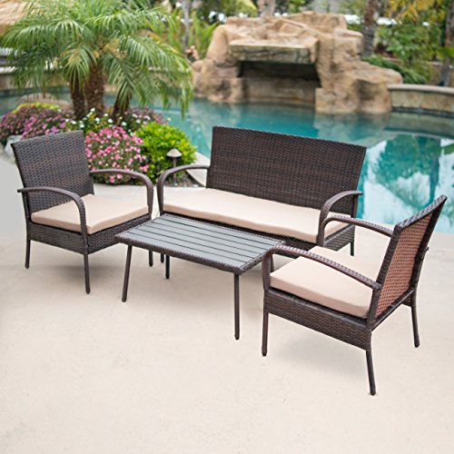 Belleze 4-PC Outdoor Patio Furniture Wicker Set Seat Cushion Coffee Table UV Resistant Backyard, Brown