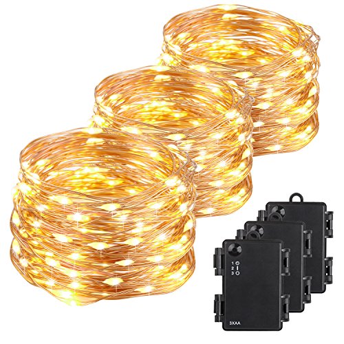 Kohree Christmas String Light Waterproof Battery Powered 100 LEDs 33ft Long Ultra Thin String Copper Wire, Decor Rope Flexible Light with Timer Perfect for Weddings, Tree, Party, Xmas 3 Packs