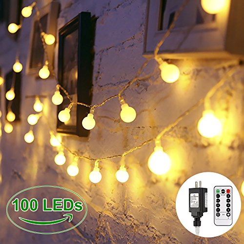Globe String Lights, 100 LED Decorative String Lights Outdoor, Plug in String Lights, Waterproof Fairy Lights Remote Control, 44 Ft, Warm White String Light for Patio Garden Party Xmas Tree Wedding