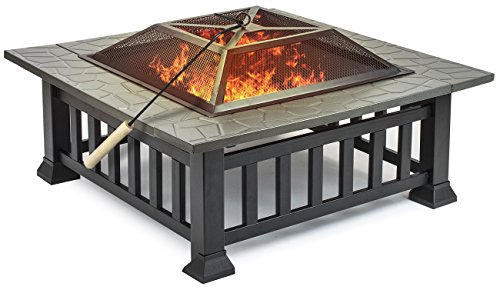 Sorbus Fire Pit Square Table with Screen Cover, Log Grate, Poker Tool, Great BBQ Grill for Outdoor Patio, Backyard, Garden, Camping, Picnic, Bonfire, Attractive Stone Slate (Fire Pit Square Table)