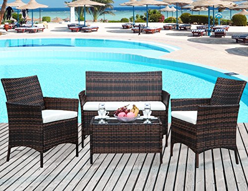 Leisure Zone 4 PCS Patio Furniture Set Outdoor Garden Conversation Wicker Sofa Set (Beige Cushion)