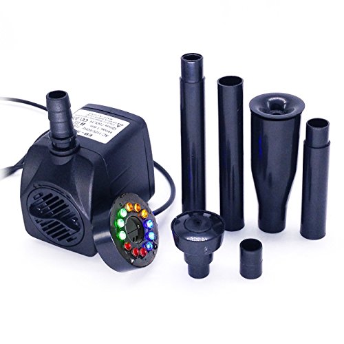 COODIA 15W 200GPH (750L/H)Submersible Pump Fountain with 12 RGB color led light include Blossom and mushroom nozzle, Flow Adjustable, used for Aquarium Pond Fountain Fish Tank Water Hydroponic