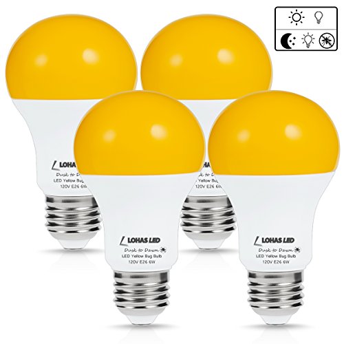 LOHAS Amber Light Sensor Dusk to Dawn LED Bulbs, Bug Light Bulb Yellow LED A19, Porch Lights Security Outdoor, Smart Sensor Lighting 2000K, 40W Amber LED Auto on/off, Bugs Free E26, 500 Lumens(4PACK)