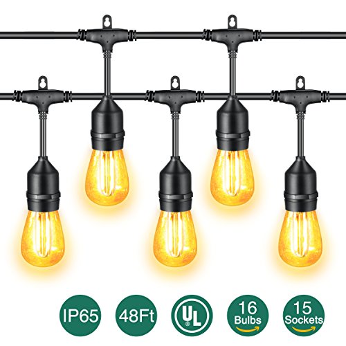 MaLivent Outdoor String Lights with 15 Hanging Sockets – 16 pcs 30 Watt Bulbs (1 Spare) – 48 Ft Waterproof Strand Commercial Decorative Patio Garden Backyard LED String Lights – Warm White