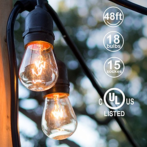 ADDLON 48ft Outdoor String Lights Commercial Great Weatherproof Strand 18 Edison Vintage Bulbs 15 Hanging Sockets, UL Listed Heavy-Duty Decorative Patio lights for Bistro Garden Café Wedding Malls
