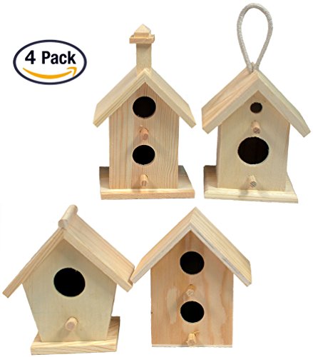 Creative Hobbies Mini 4 Inch Tall Birdhouse, Set of 4 Styles, Unfinished Wood Ready to Paint or Decorate
