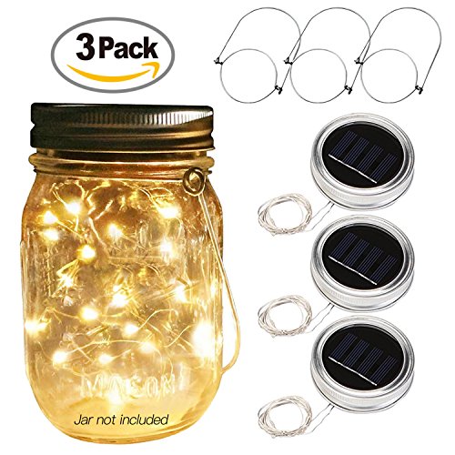 Betus Solar Powered 20 LEDs Mason Jar Lid String Lights with Hangers – Decorations for Garden, Patio Path, Christmas & Party – Warm Light (Jar NOT Included) – 3 Pack