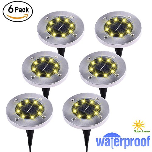 KINGMAZI Solar Ground Lights, 8 LED Garden Pathway Outdoor In-Ground Lights, utdoor Garden Pathway Waterproof In-Ground Driveway Lawn Walkway Flood Lights 8 LEDs Disk Lights 6 Pack (Warm White)