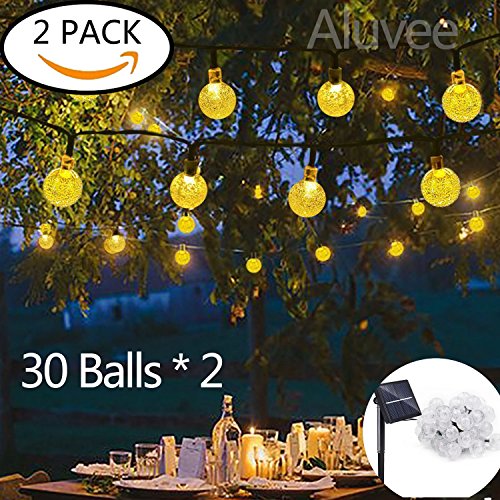 Aluvee 2pack 19.7ft/30LED Solar String Lights Fairy Warm White Bubble Ball String Lamps for Outdoor Christmas Home Patio Lawn Garden Party Wedding Holiday Decorations