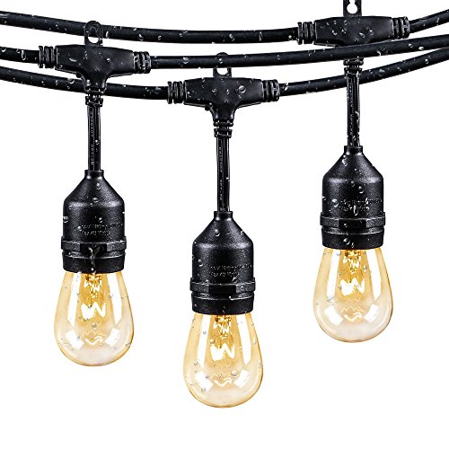 48Ft Outdoor Weatherproof String Lights with 24 Sockets E26 Base & 26 11W S14 Warm Bulbs, Commercial Grade Heavy Duty Light String for Patio, Bistro, Backyard, Black Wire