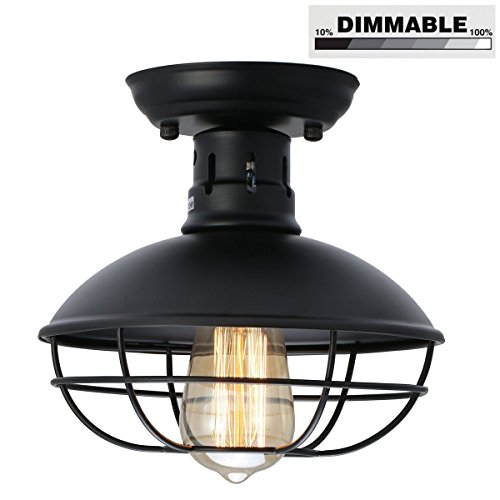 KingSo Industrial Metal Cage Ceiling Light, E26 Rustic Mini Semi Flush Mounted Pendant Lighting Dome/Bowl Shaped Lamp Fixture for Country Hallway Kitchen Garage Porch Bathroom