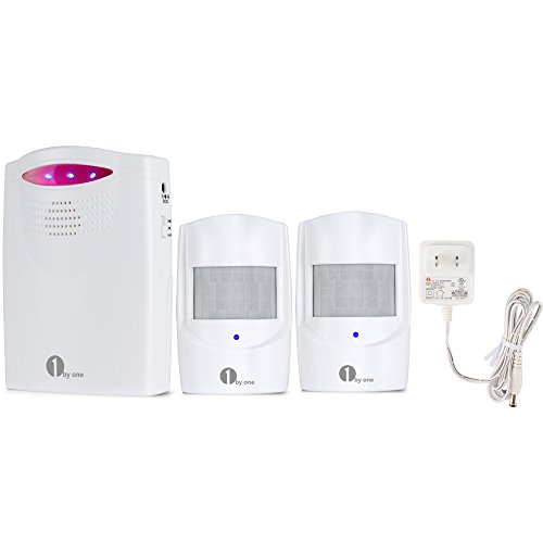 1byone Wireless Home Security Driveway Alarm with 1 AC Adapter & 1 Receiver & 2 PIR Motion Sensor Detector Weatherproof Patrol Infrared Alert System Kit