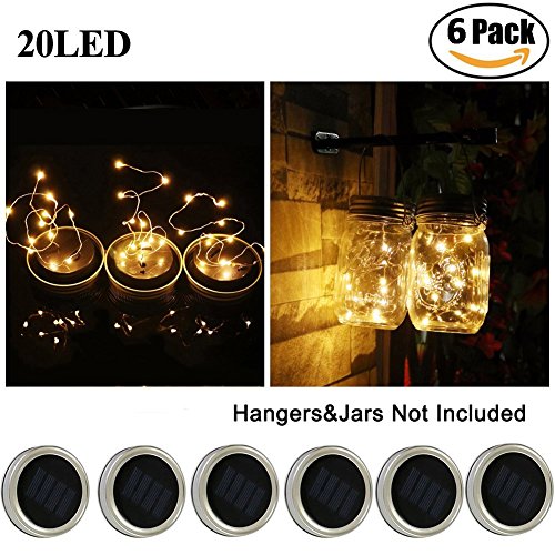 Solar Mason Jar Lid Lights, Aukora 6 Pack 20 Led Fairy Solar String Lights, Warm White Jar Lids Lights(Jars Not Included) for Patio Garden Xmas Decor Solar Laterns Table Lights