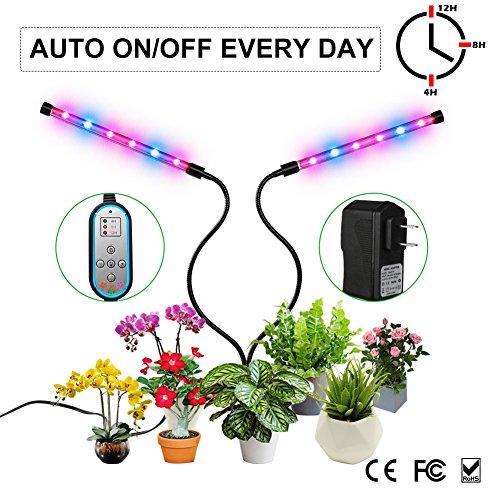 Grow Light, Auto ON & Off Every Day with Two-Way Timer 24W Dual Head Growing Lamp for Indoor Plants, High Power LED, 8 Dimmable Levels, 4/8/12H Memory Timing for Hydroponics Greenhouse Gardening