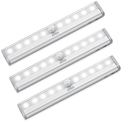 AMIR Motion Sensor Lights, 10-LED DIY Stick-on Anywhere Battery Operated Portable Wireless Cabinet Night/Stairs/Step/Closet Light Bar with Magnetic Strip (White, 3 Pack)