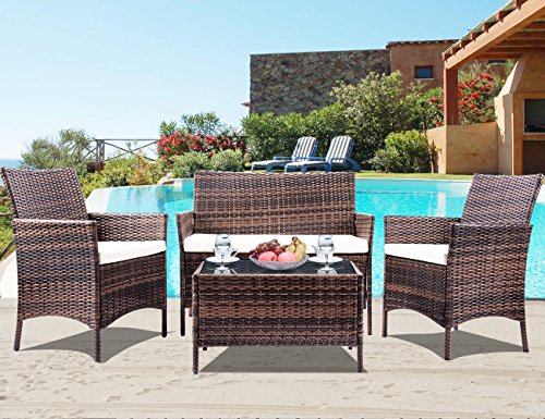 Leisure Zone 4 PCS Patio Furniture Set Outdoor Garden Conversation Wicker Sofa (Beige Cushion)