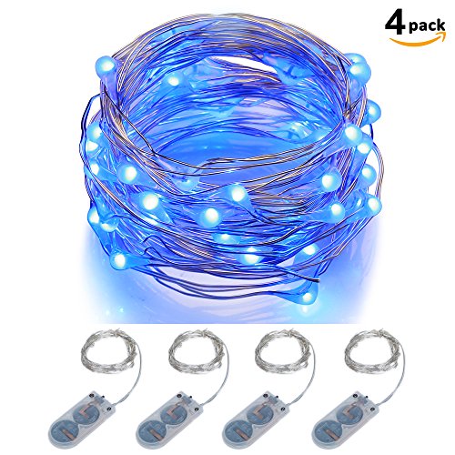 Micro LED String Lights Battery Powered ITART Set of 4 Blue Mini String Light 20 LEDs / 6ft (2m) Ultra Thin Silver Wire Rope Lights for Christmas Trees Wedding Parties Bedroom