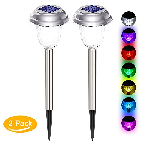 Solar Lights Outdoor [7 Colors Changing/Lock 1 Color], Pobon Solar Powered Pathway Light, Stainless Steel Landscape Lighting for Garden, Patio, Yard, Lawn, Path, Walkway, Driveway (2 pack)