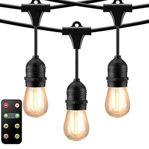 Mpow LED Outdoor String Lights, 49Ft Waterproof Edison Lights with 150W Remote Control Dimmer, with 15 Vintage Dimmable Bulbs and 1 Spare Blub, Commercial Grade Strand for Patio Bistro Porch – Black