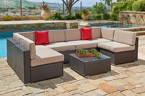 Suncrown Outdoor Furniture Sectional Sofa Set (7-Piece Set) All-Weather Brown Wicker with Brown Washable Seat Cushions & Modern Glass Coffee Table | Patio, Backyard, Pool | Incl. Waterproof Cover