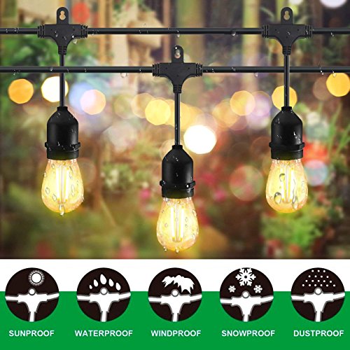 Classyke 48ft LED Outdoor String Lights for Patio Garden Yard Deck Cafe Dimmable Weatherproof Commercial Grade [UL Listed]