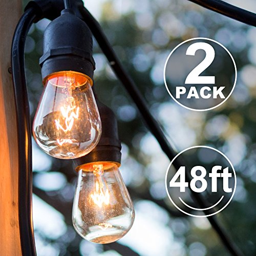 2 Pack Outdoor String Lights Commercial Great Weatherproof Strand – Dimmable Edison Vintage Bulbs 15 Hanging Sockets, UL Listed Heavy-Duty Decorative Patio Café lights for Bistro Garden Wedding Malls