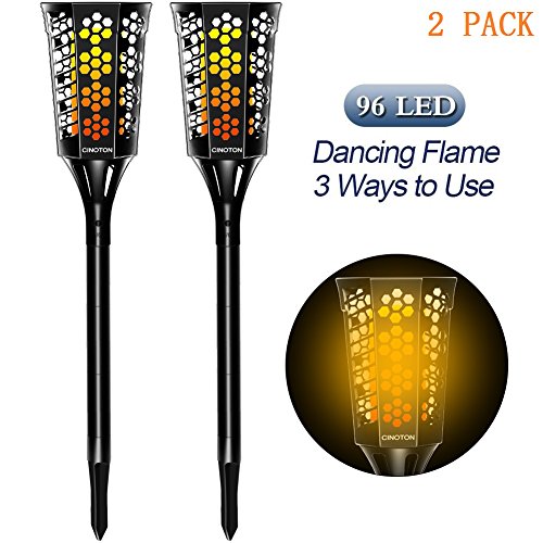 CINOTON Solar Light,Path Tiki Torches Dancing Flame Lighting 96 LED 2 pack Dusk to Dawn Flickering Torches Outdoor Waterproof garden decorations (Polygonal tiki torches)