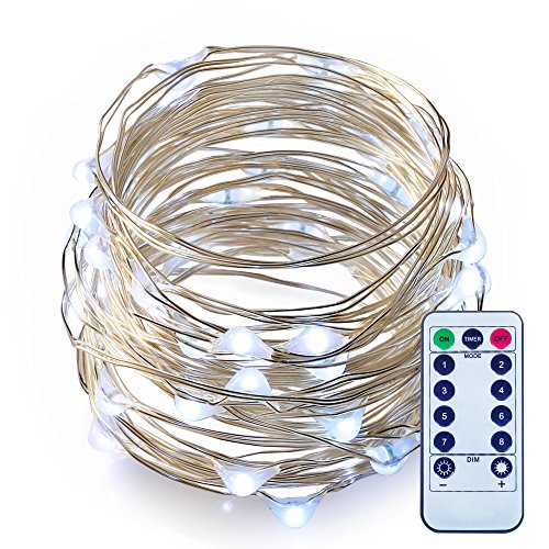 Dimmable LED String Lights with Remote ITART Cool White Mini Fairy Lights Battery Operated 50 LEDs / 16.7ft (5m) Super Bright Ultra Thin Silver Wire Rope Lights for Trees Wedding Bedroom