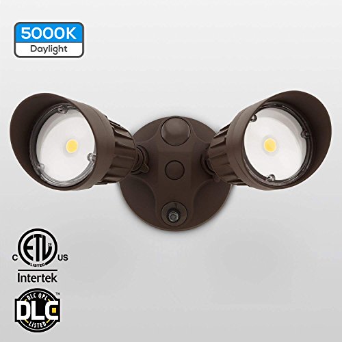 20W Dual-Head Dusk to Dawn LED Outdoor Security Light, Photocell, DLC-listed Exterior Lamp, 120W Halogen Equiv, 5000K Daylight, 1600Lm Floodlight, Entryways, Porch, Bronze