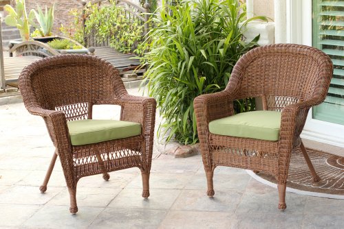 Jeco W00205-C_2-FS029-CS Wicker Chair with Green Cushion, Set of 2, Honey/W00205-C_2-FS029-CS