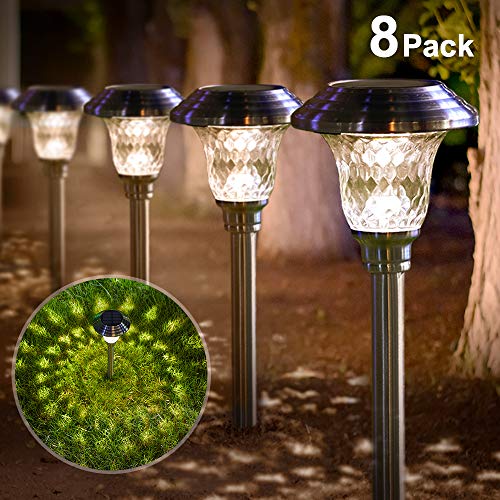8 Pack Solar Lights Outdoor Garden Path Glass Stainless Steel Waterproof Auto On/off Bright White Wireless Sun Powered Landscape Lighting for Yard Patio Walkway Landscape In-Ground Spike Pathway Light