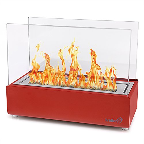 Ivation Vent-less Mini Tabletop Fireplace – Stainless Steel Portable Bio Ethanol Fireplace for Indoor & Outdoor Use – Includes Decorative Fireplace, Fuel Canister & Flame Snuffer (Red)