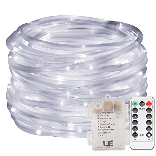LE 33ft 120 LED Dimmable Rope Lights, Battery Powered, Waterproof, 8 Modes/Timer, Daylight White Outdoor Decorative Light Mood Lighting for Garden Patio Party Christmas Thanksgiving