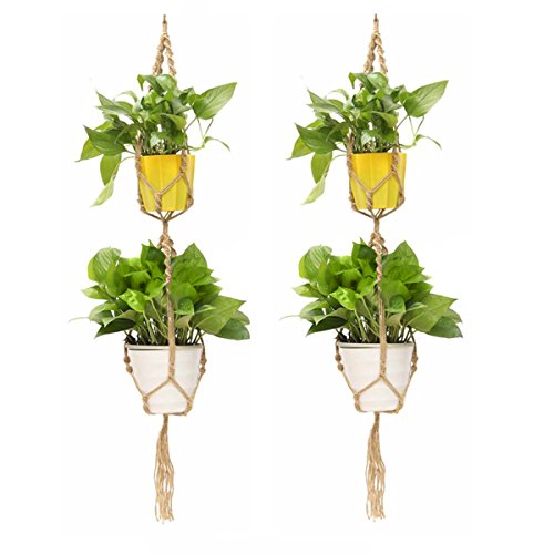 2Pcs Double Tiered Macrame Plant Hangers Handcrafted Braided Hanging Pot Basket Holder – 2 Tiers 49 Inch