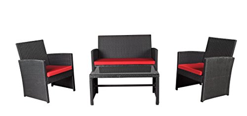 Modern Outdoor Garden, Patio 4 Piece Seat – Wicker Sofa Furniture Set (Black)