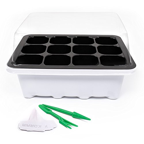 KORAM 10 Set Seed Tray Seedling Starter Trays Plant Grow Starting Germination Kit Greenhouse Grow Trays with Dome and Base 120 Cells, Plant Tags (10 Trays, 12 Cells Each) for Seedling, Flower, Garden