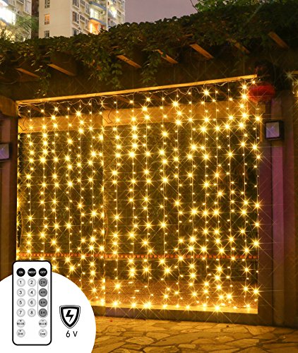 PopBabies Curtain Lights, 300 Leds indoor outdoor Lights for wedding and party, Super Waterproof, RF Controller Safe Low Voltage 6v UL588 Listed Warm White