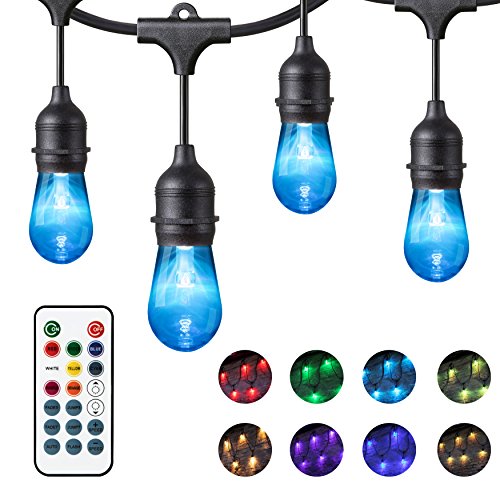 Chende 48ft Color Changing LED Light String, Cafe String Lights with Remote Control, Outdoor Commercial Grade String Lights for Patio, Weatherproof RGB Hanging Light Strand, 24 Dimmable Light Bulbs