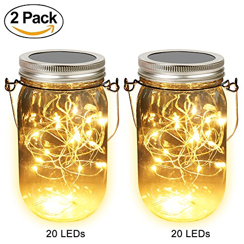 Solar Mason Jar Lights, Adecorty Outdoor Hanging Lights 2 Pack 20 LED String Fairy Star Firefly Jar Lights (Jars & Hangers Included) Warm White Waterproof Solar Lanterns for Garden Patio Outdoor Decor