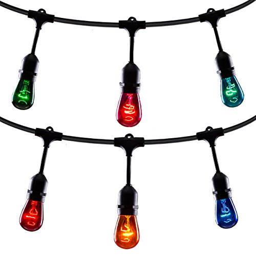 ONO-Tech Commercial Grade Outdoor, Indoor String Lights Strand with 10 E26 Hanging Sockets, Include 12-Pack S14 Colorful Incandescent Bulb for Deck Yard Cafe Pergola Party Tents Market Patio Gazebo