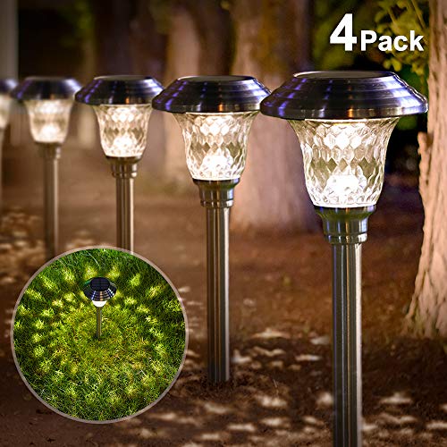 Solar Lights Pathway Outdoor Garden Path Glass Stainless Steel Waterproof Auto On/off Bright White Wireless Sun Powered Landscape Lighting for Yard Patio Walkway Landscape In-Ground Spike Path Light