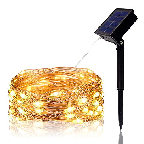 Tasodin Solar Powered LED String Lights, 32.8Ft/10M 100LEDs, Solar Fairy Lighting, Waterproof Bright Warm White Color, Micro String Copper Wire Ultra Thin Rope Light