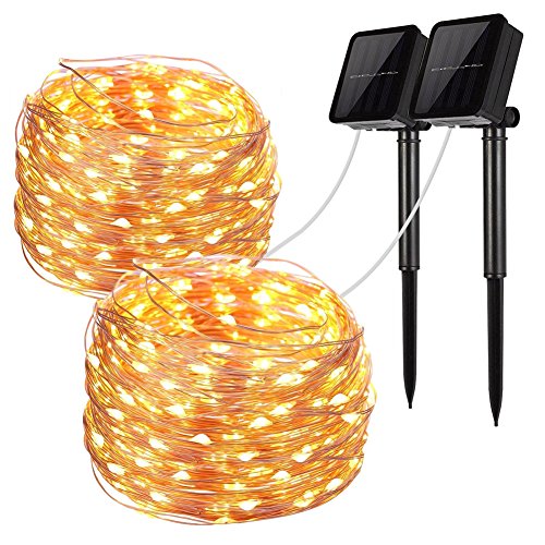 Solar String Lights, 2 Pack 100 LED Solar Fairy Lights 33 ft 8 Modes Copper Wire Lights Waterproof Outdoor String Lights for Garden Patio Gate Yard Party Wedding Warm (Solar Warm 2-Pack)